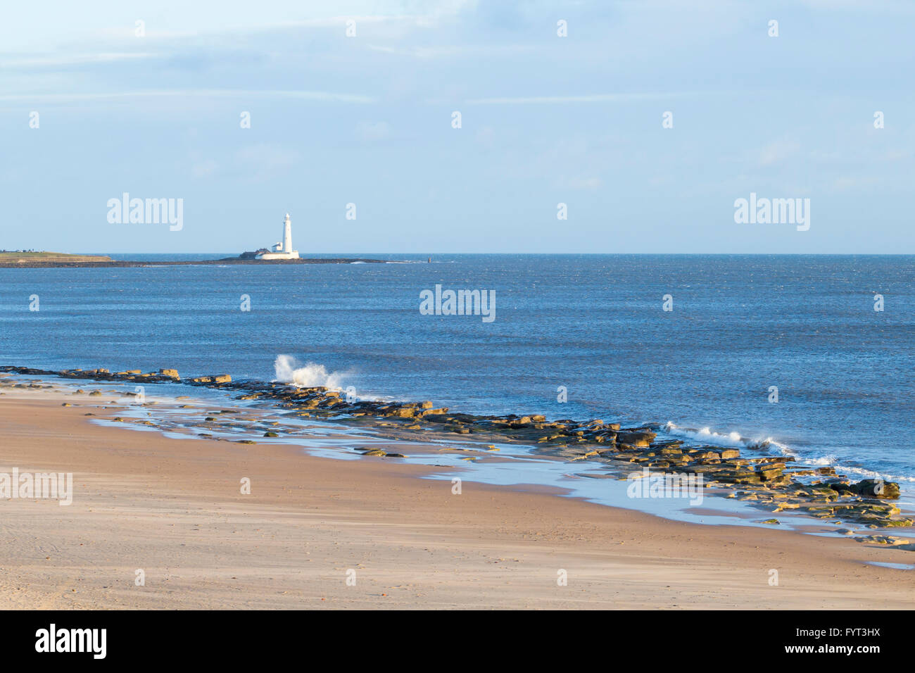 View over Whitley Bay beach with St Mary`s Lighthouse in distance. Whitley Bay, near Tynemouth, North Tyneside, England. UK Stock Photo